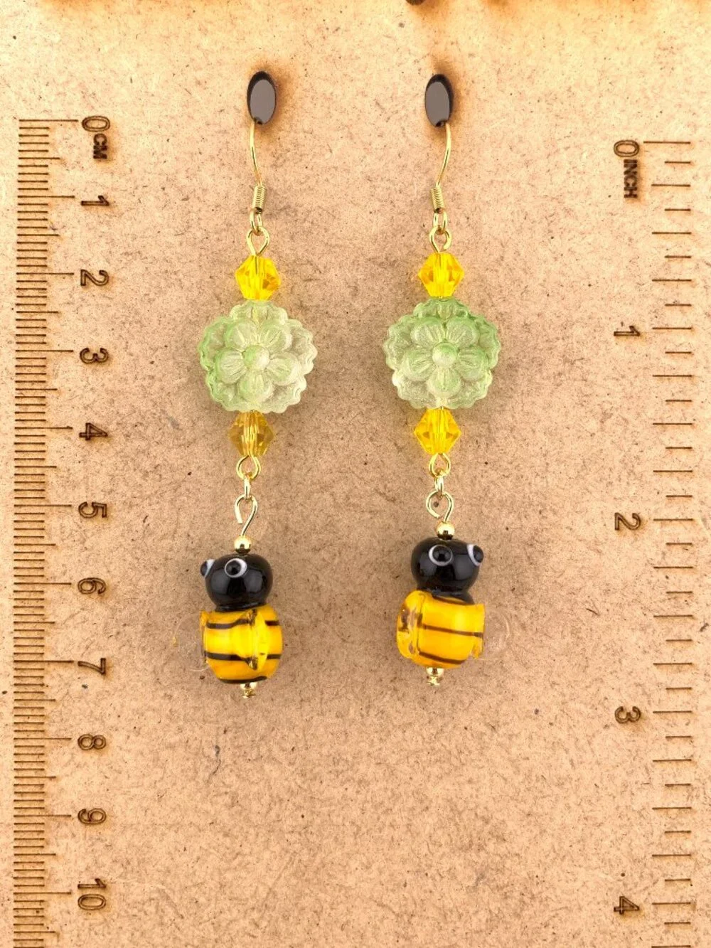 Bumble Bee Flower Lampwork Dangle Gardencore Handmade Earrings LR214